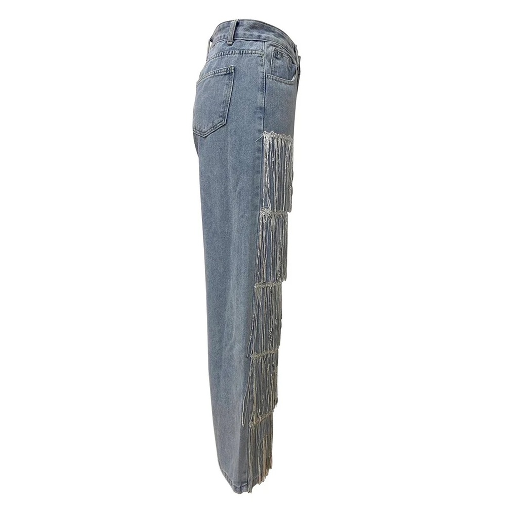 High-Waist Fringe Denim Jeans | Statement Wide-Leg (dark blue) - Picture 3 of 4